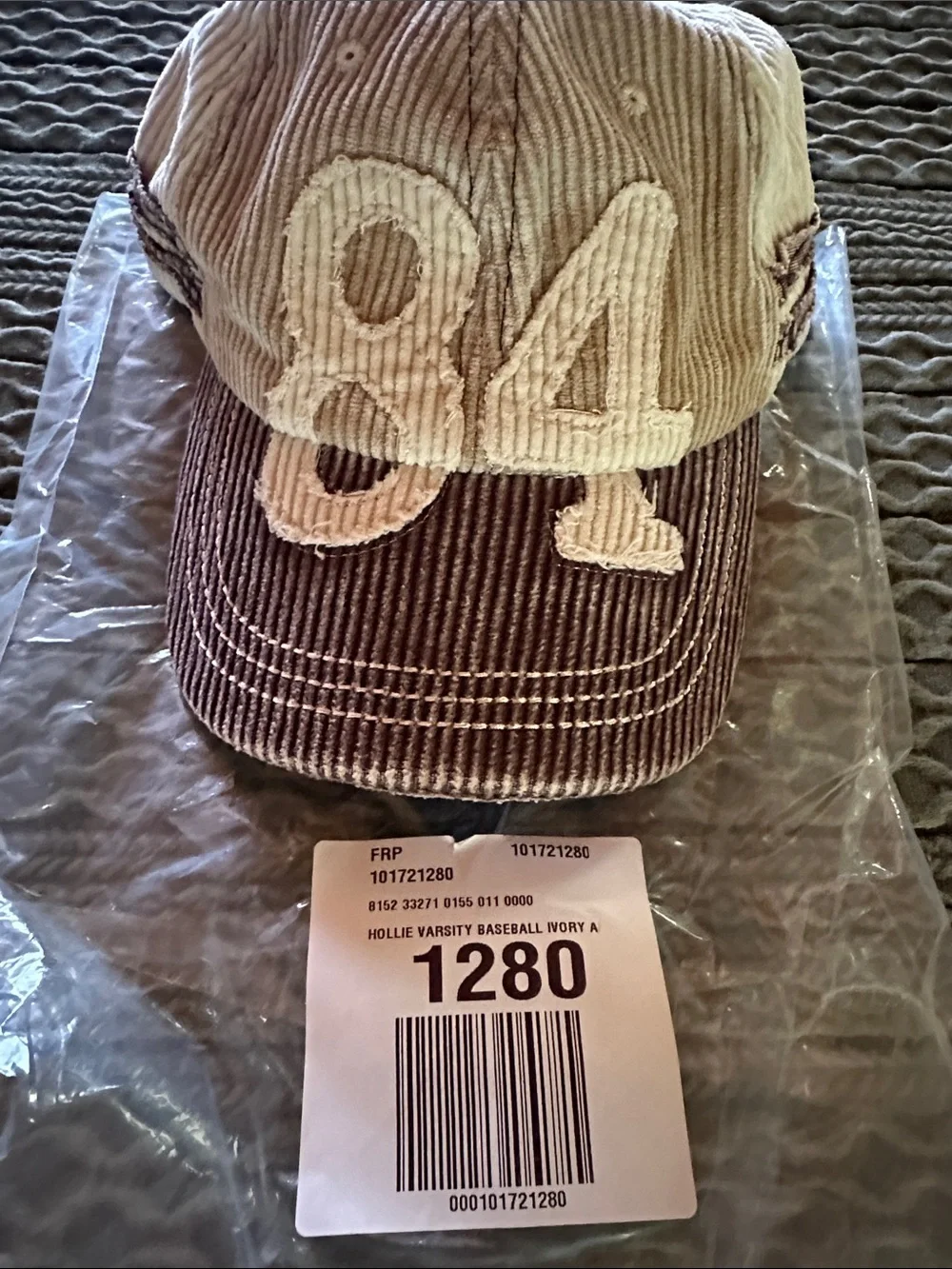 Free People Hollie Varaity Ivory & Brown Corduroy Baseball Cap with '84' Patch
